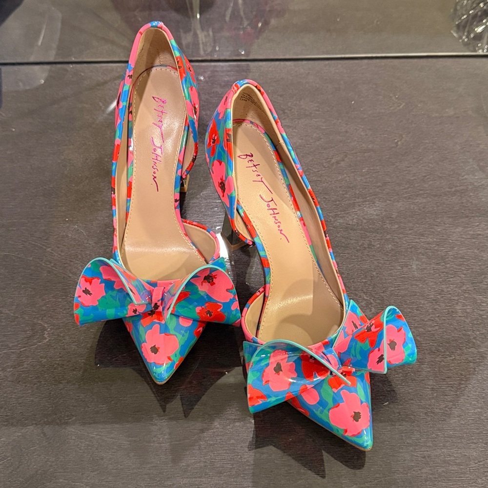 Betsey Johnson Blue and Pink Floral Bow Heels
